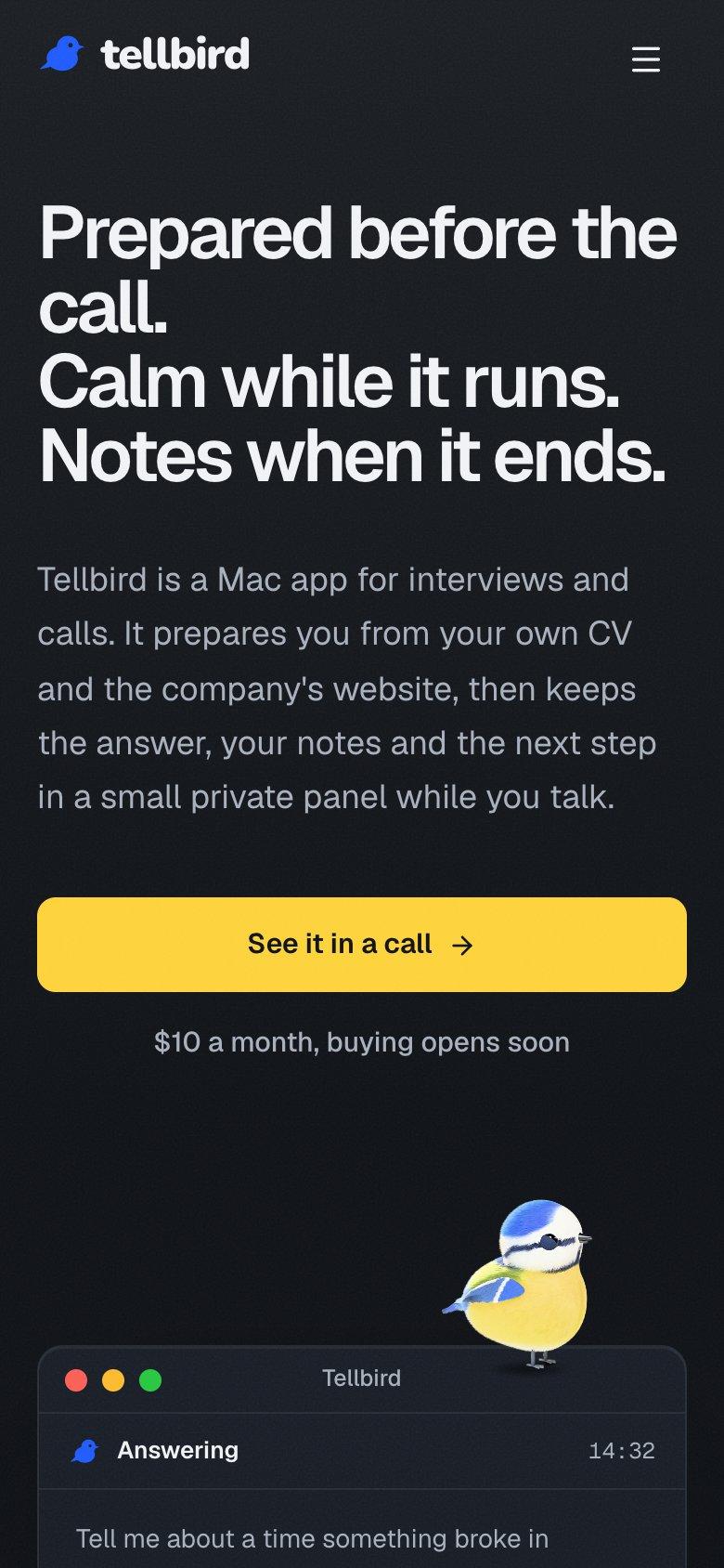 Tellbird phone screen